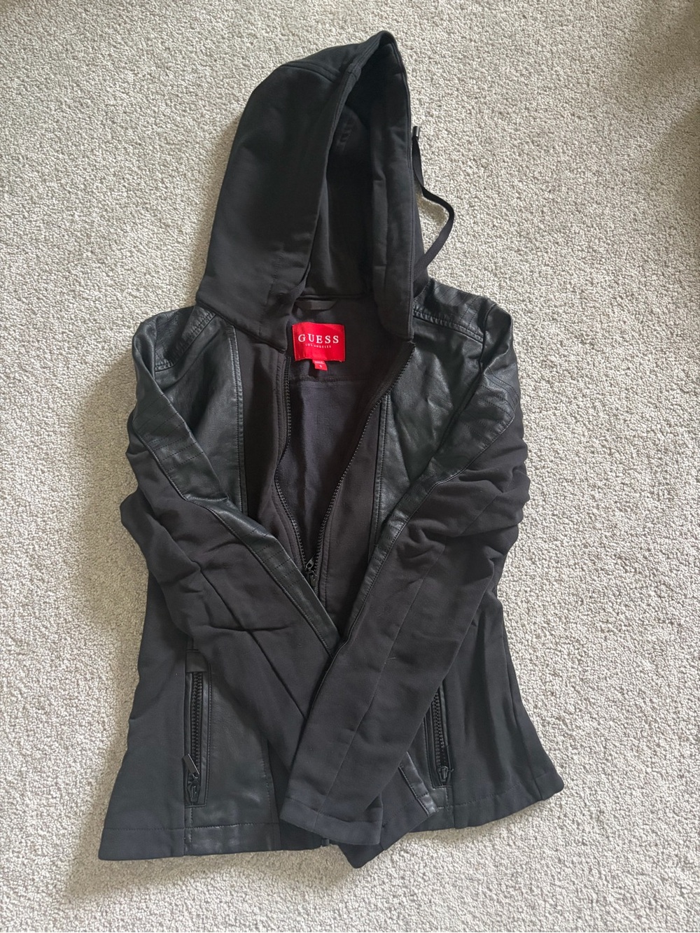 GUESS Black Hooded Bomber Jacket with Faux-Leather Panels